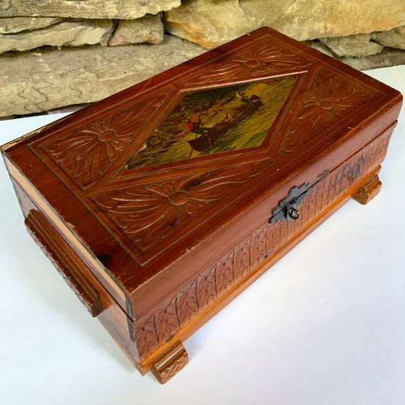 VTG Canoe Cedar Box Hand Carved Wood Decoupage Trinkets Cabin Rustic - Picture 2 of 15